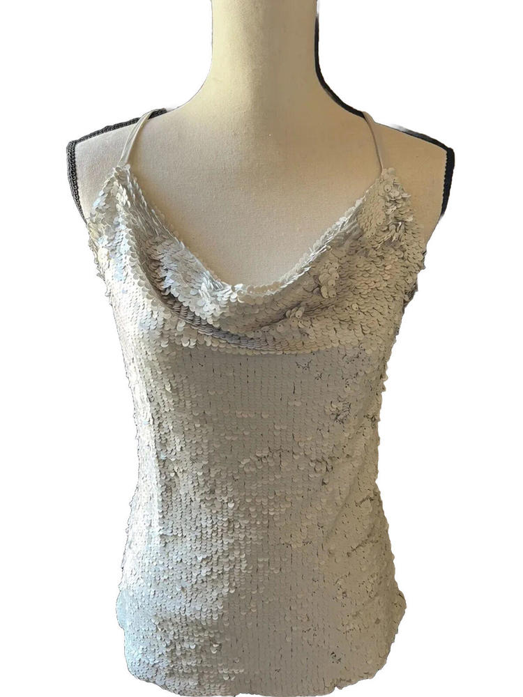 Boston Proper Size XS Camisole Top Matt Gray Sequins EUC Drape Neck